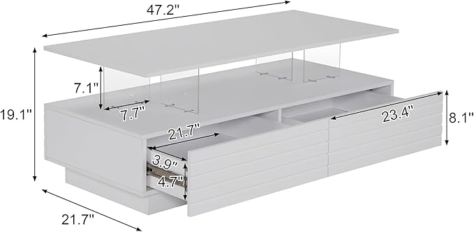 Modern White Rectangular LED Lights Coffee Table with 2 Drawers in 47.2"