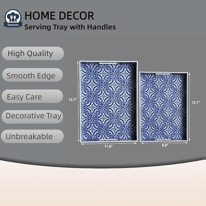 2 Pack Serving Tray with Handles, Rectangular Decorative Trays for Coffee Table, Modern Blue Plastic Ottoman Tray for Living Room, Bathroom, Kitchen, Decor, (Boho Blue)