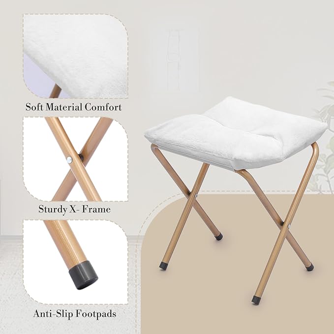 Athena Collection Modern White Faux Fur Saucer Chair with Ottoman, Foldable, Comfy Accent Chair for Bedroom, Living Room, Outdoor, 300lbs Weight Capacity