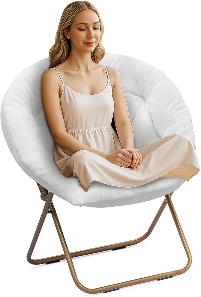 Athena Collection Comfy Saucer Chair Folding Cozy Chair for Bed Room Living Room Accent Chair Faux Fur Reading Chair Foldable Metal Frame Lazy Chair Moon Chair for Adult, White