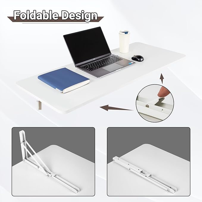 Wall Mounted Folding Table 47.2”L x 19.7”W, Laundry Folding Table with Heavy Duty Metal Collapsible Shelf Brackets, Wall Mounted Desk Fold Down for Small Spaces, White