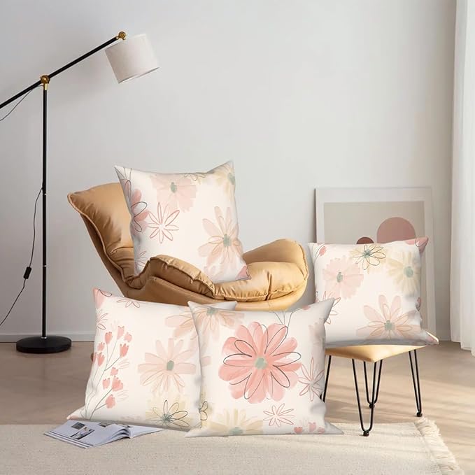 Wild Flower Throw Pillow Covers 26"x26" Set of 4, Countryside Watercolor Floral Pillow Cases Spring Vintage Cushion Covers for Chair Sofa Bed Living Room Garden Car Indoor Outdoor