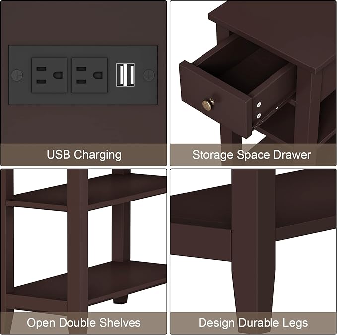 ChooChoo Narrow End Table Set of 2,Side Table Living Room with USB Ports & Power Outlets and Hidden Drawer, 3-Tier Skinny Nightstand with 2 Open Storage Shelves for Small Place(Espresso)
