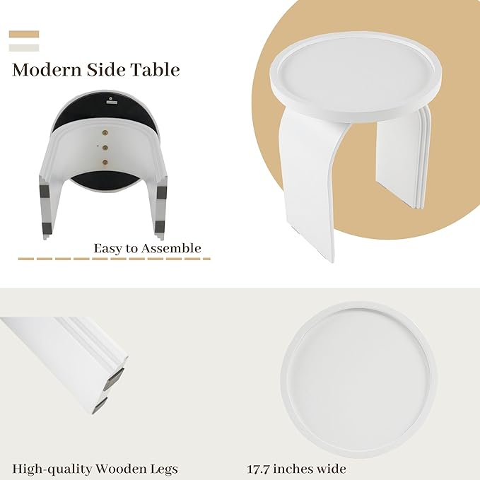 17.7”Wide Modern Side Table, White Wooden End Table, Round Accent Table for Small Spaces, Bedside, Couch Side, Narrow Nightstand for Living Room