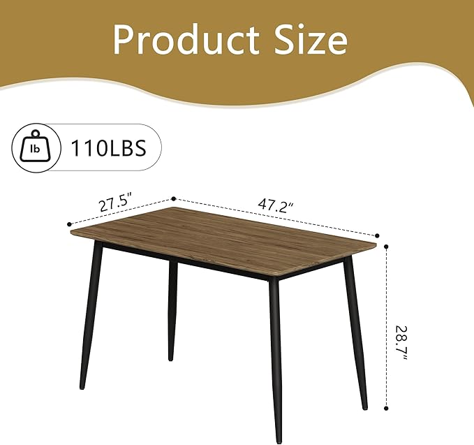 Modern Wooden Dining Table, 47.2'' Rectangle Table, Kitchen & Dining Room Table, Wooden Dining Table with Black Metal Legs for Living Dining Room(Dark Wood, 47.2 in)