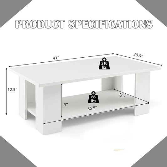 Giantex Rectangle Wood Center Table, 41" L 2-Tier Large Modern Tea Table w/Open Compartment, Easy Assembly, Accent Coffee Table for Living Room, Reception Room, White