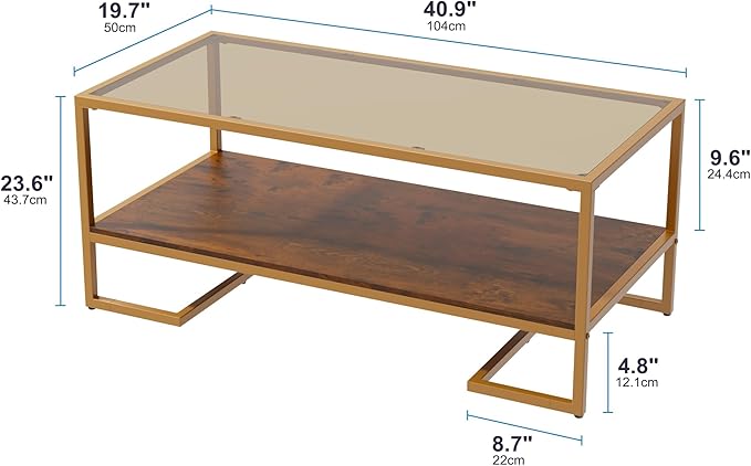 Coffee Table, 2 Tier Tempered Glass Coffee Table, Rectangle Modern Center Table with Metal Frame, Glass Accent Table Open Storage Shelf for Living Room, Office, Brown
