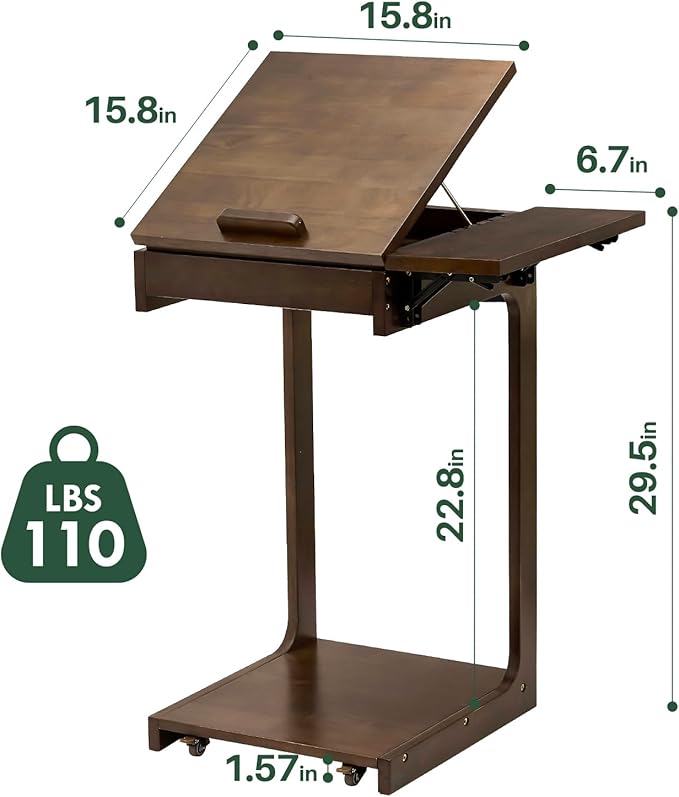 Wood Side Table for Couch - C Shaped Rolling End Table with Wheels, Wooden Modern Tv Tray Bedside Tables Nightstand for Sofa Armchair Living Room Bedroom, Black Walnut, 15.7 in x 15.7 in x 29.5 in