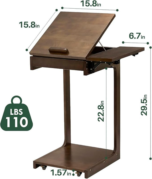 Wood Side Table for Couch - C Shaped Rolling End Table with Wheels, Wooden Modern Tv Tray Bedside Tables Nightstand for Sofa Armchair Living Room Bedroom, Black Walnut, 15.7 in x 15.7 in x 29.5 in