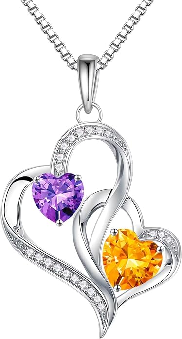 Iefil Christmas Gifts for Women - Double Heart Birthstone Necklace, 925 Sterling Silver Heart Pendant Necklace, Anniversary Birthday Gifts for Women | Personalized Jewelry Gift for Wife Mom Girlfriend