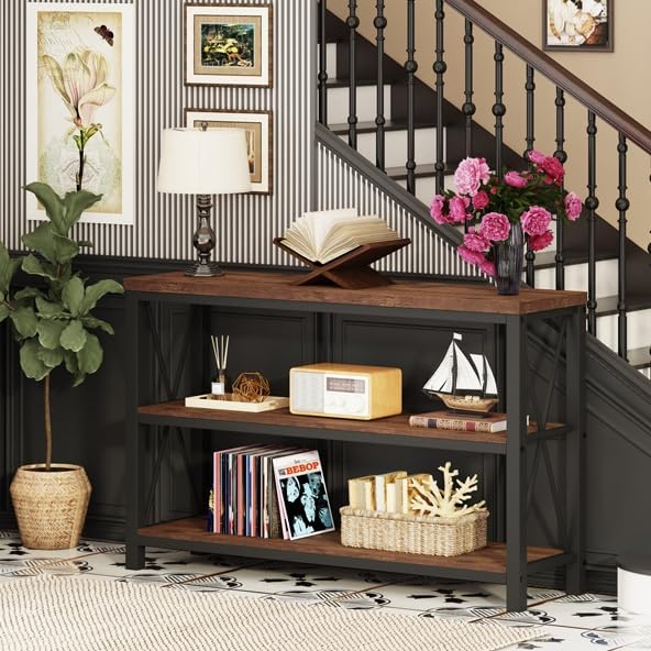 BON AUGURE Rustic Console Table Behind Couch, Industrial Entryway Table with Shelves, Farmhouse 3 Tier Sofa Tables for Living Room, Entry, Hallway (47 Inch, Rustic Oak)
