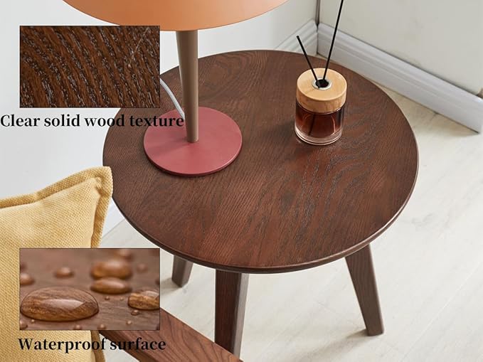100% Solid Oak Wood Mini Coffee Table, Round Cofffe Tables Side Table w/Solid Wood Legs, Walnut Mid Century Table for Bedroom Balcony Living Room (29.53" D x 17.72" H)