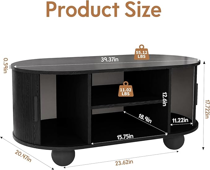 Rectangle Coffee Table, Fluted Coffee Tables for Living Room, Mid-Century Coffee Table Center Table with Storage & Sliding Doors for Apartment, Home Office (Black)