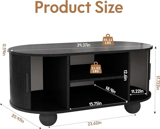 Rectangle Coffee Table, Fluted Coffee Tables for Living Room, Mid-Century Coffee Table Center Table with Storage & Sliding Doors for Apartment, Home Office (Black)