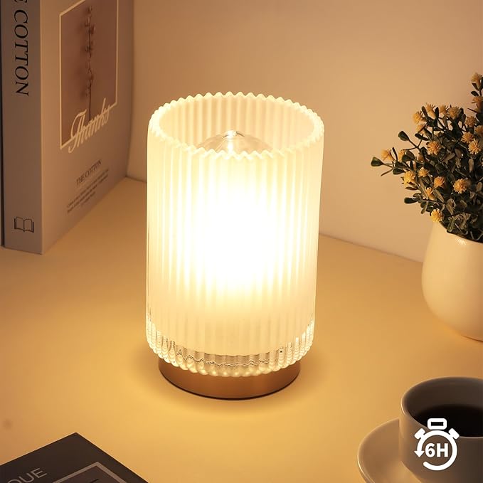 Battery Operated Lamp, Cordless Table Lamp with Timer, Desk Bedside Lamps with LED Warm Light, Glass Small Table Lamp for Bedroom, Bathroom, Living Room, Home Decor - Frosted White