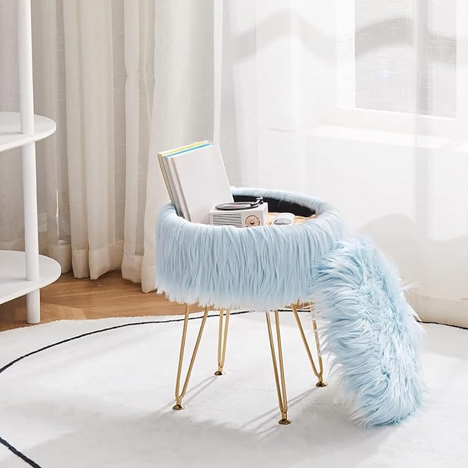 Mxfurhawa Faux Fur Storage Ottoman Round Furry Vanity Stool Marble Grain Tray Coffee Table Compact Footrest Stool with 4 Metal Legs Soft Makeup Seat Foot Stools for Living Room Bedroom Entryway Blue