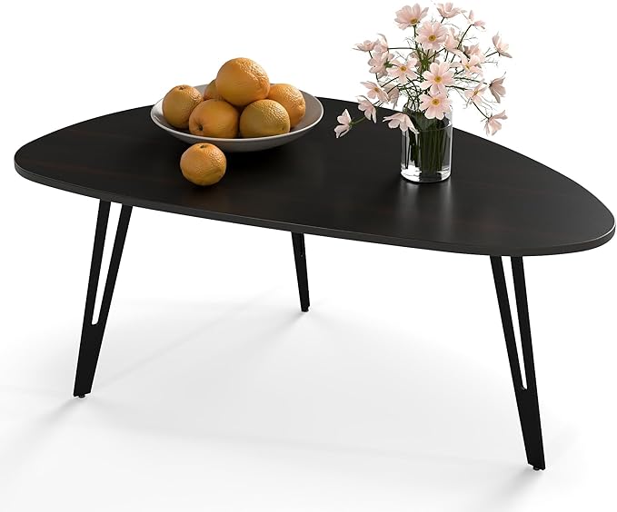 Manora Modern Simple Wood Coffee Table with Black Metal Legs, Oval Tea Table for Living Room or Office, Compact Center Table for Small Space, Dark Brown