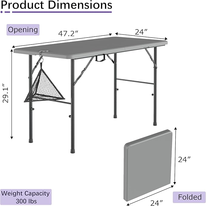VECELO Folding Table 4 Foot with Mesh Bag, Indoor Outdoor Heavy-Duty Portable w/Handle,Fold-in-Half for Picnic, Party, Camping, Light Grey