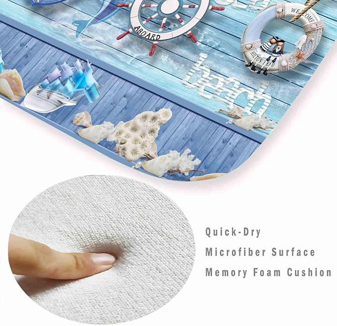 Bath Rugs Sponge Foam Absorbent Soft for Bathroom and Kitchen (47x18 inches), Flannel Mat Non Slip Bright 3D Print for Bedside and Living Room(Nautical Anchor Helmsman)