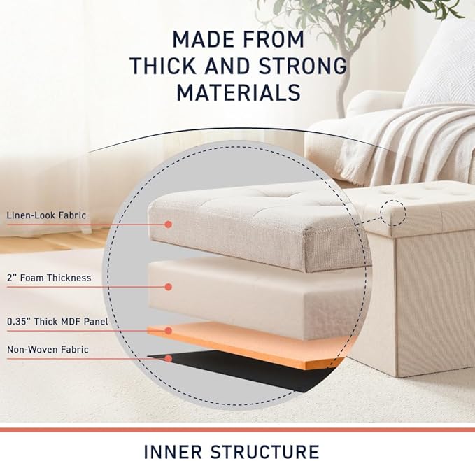 Ornavo Home 15 Inch Folding Storage Ottoman, Square Small Storage Foot Rest Stool, Bedroom Bench - Beige