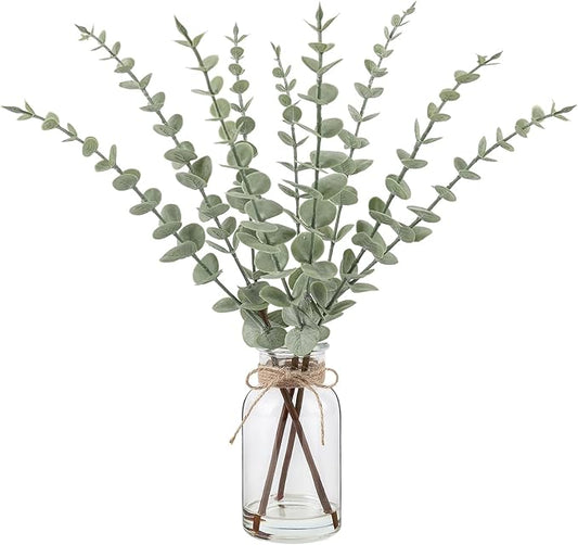 Artificial Eucalyptus Stems in Glass Vase with Faux Water，15.75" Fake Plants for Home Decor, Coffee Table Centerpieces, Office, Bathroom & Farmhouse Weddings - Faux Greenery Plants Decorations