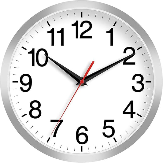 12 Inch Wall Clock Modern Battery Operated Silent Non Ticking Analog Clock Decorative for Bedroom Kitchen Bathroom Office Home Living Room (Silver)