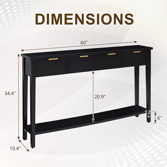 Long Console Table for Entryway with 4 Drawers, 60 Inch Entryway Table w/Open Shelf and Handmade Metal Handle, Narrow Foyer Sofa Table for Living Room, Bedroom, Hallway, Black