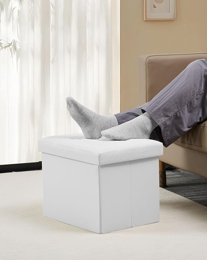 Folding Storage Ottoman, Foot Stool with Thicker Foam Padded Seat Small Leather Storage Ottoman Bench Foot Rest for Living Room Foldable Coffee Table 17x13x13in,White