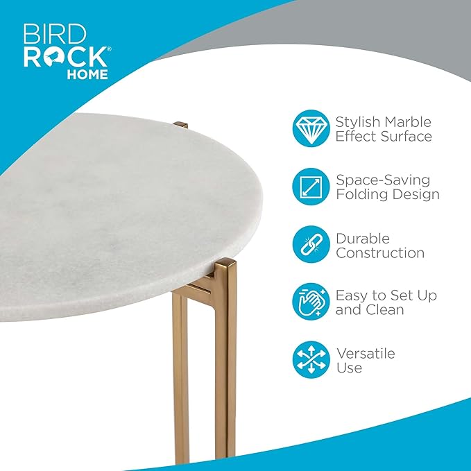 BIRDROCK HOME Folding Side Table with Marble Top - Metal Foldable Nightstand - Indoor Use Only - Bar Coffee Drinks Food Serving Tray - Decorative Modern End Accent (Marble Top with Gold Legs)