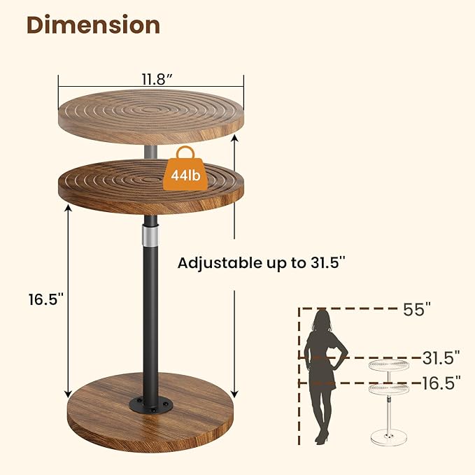 Round Side Table, Adjustable-Height Small Drink Table, Pedestal Martini Stand, Weighted Base Cocktail Table Accent Nightstand for Living Room, Bedroom, Bathroom, Office, Walnut