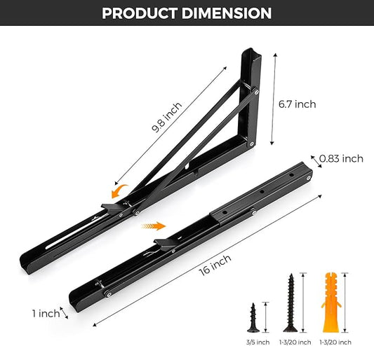 JOY DECOR 16 Inch Heavy Duty Folding Shelf Brackets, 4 Pack (2 Pairs) Collapsible Wall Mounted Brackets for Fold Down Table, Stainless Steel Folding Table Hinge, Matte Black