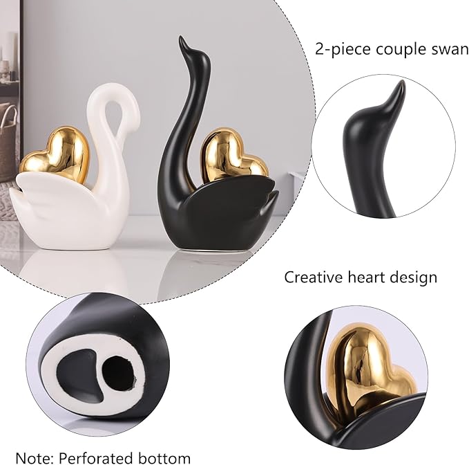 Loving Swan Figurine with Gold Heart Statue, Ceramic Animal Regalos Para Parejas, Cute Figurines Pottery Gifts for Anniversary, Couple Swan Sculpture for Women Dresser Knick Knacks Shelves Show Pieces