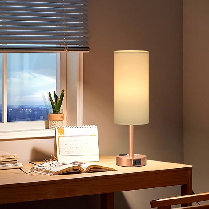 Fenmzee Bronze Nightstand Bedroom Lamp - 3 Way Dimmable Bedside Lamp USB C A Charging Ports and AC Outlet, Small Table Lamp White Linen Lampshade for Desk, LED Bulb Included
