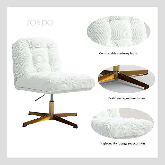 ZOBIDO Modern Accent Corduroy Chairs Comfy Upholstered Vanity Chairs for Bedroom Armchair Dining Chairs with Golden Metal Legs Desk Chair for Living Room（White