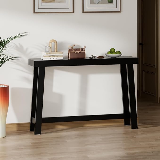 Bamboo 47.2" Narrow Console Table, Wood Farmhouse Side Table, Rectangular Entryway Table, Modern Sofa Table Behind Couch with Storage Shelves for Entrance, Living Room, Hallway, Foyer (Black