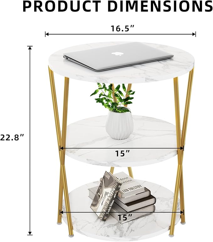 Big Side Table, 3-Tier Large Size Round End Table with X-Leg Design, Nightstand Bedside Table for Living Room, Bedroom, Drink Table Coffee Table for Patio, Indoor Outdoor Use, 16.5''x16.5''x22.8''