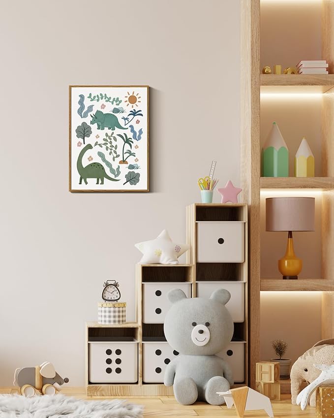 InSimSea Framed Canvas Prints Art Vintage Decor, Green Blue Dino Flower Nursery Animal Painting, Dinosaur Wall Art for Kids Toddler Bedroom Boys Gift Room Small Shelf Decor, 12x16inch
