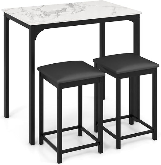 Giantex Dining Table Set for 2, Counter Height Bar Table with Faux Marble Pattern Tabletop, 2 Padded Bar Stools, Footrests, Metal Frame, Dinette Set for Kitchen Small Space Breakfast Nook Pub, White