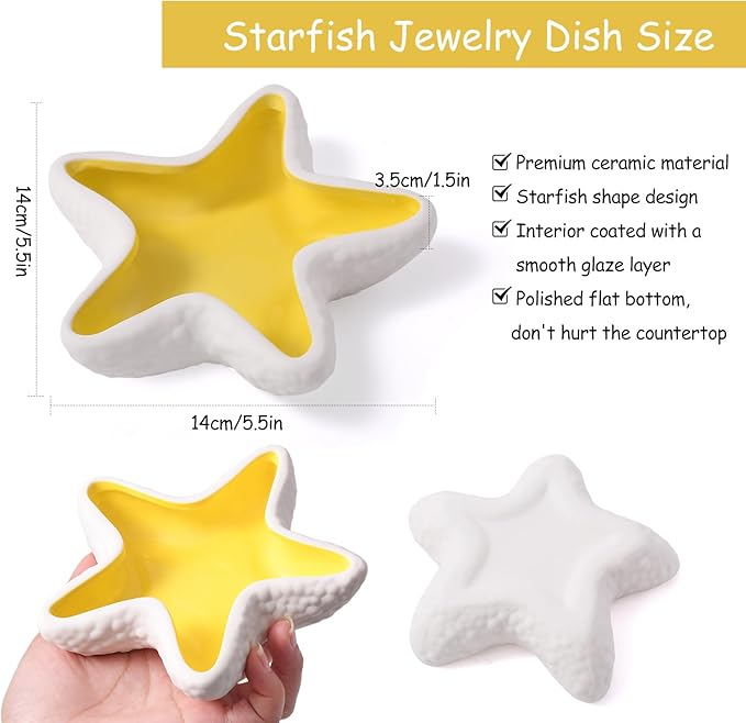 Ceramic Starfish Jewelry Tray, Shell Trinket Dish, Ocean-themed Ring Holder Dish Decorative Tray for Earrings Necklaces Bracelet Watch Key, Yellow Room Decor for Gift