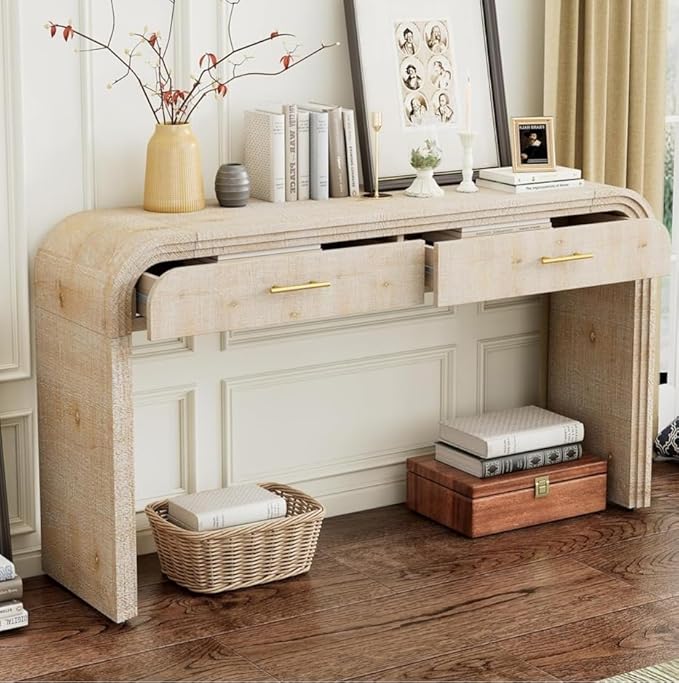 kevinplus 59'' Retro Console Table Farmhouse Sofa Table Entryway Table with Drawer, Modern Mid-Century Wood Console Sofa Table for Living Room Bedroom Hallway, Adjustable Foot Pad, Natural Wood Wash