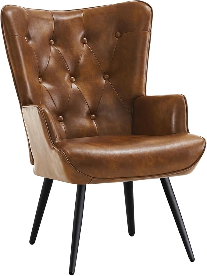 Furniliving PU Leather Accent Chair for Living Room, Upholstered Reading Chair with High Backrest, Tufted-Button Wingback Armchair for Bedroom, Dressing Room, Home Office, Brown