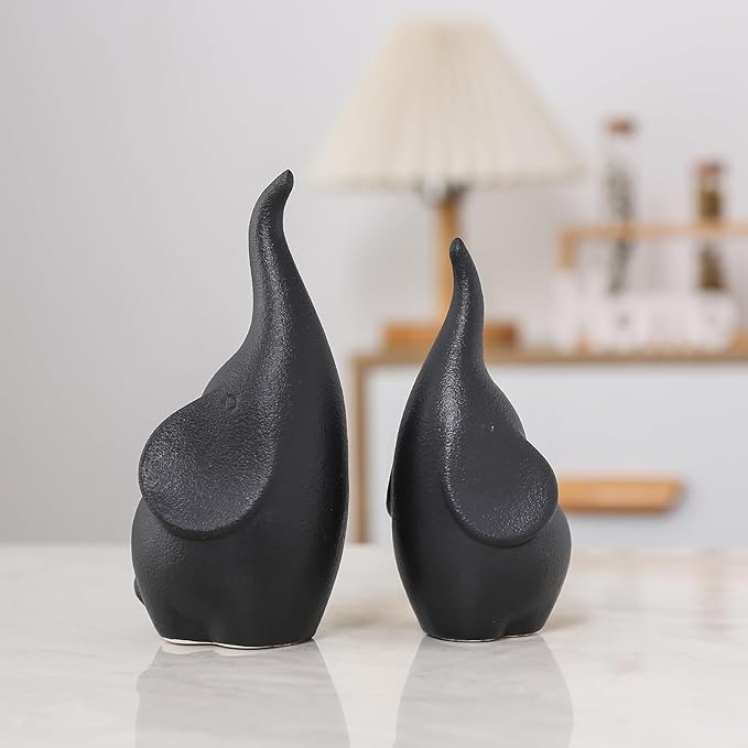 Ceramic Elephant Figurines with Trunk Up, Pair Couples Loving Elephant Statue, Small Figurines Sculpture African Home Decor, Valentine Elephants Gifts for Women, Wedding Knick Knacks（Black）