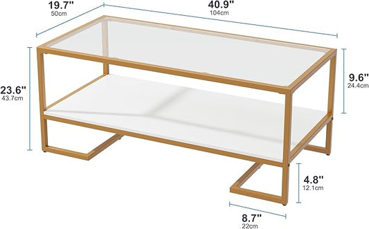 Coffee Table, 2 Tier Tempered Glass Coffee Table, Rectangle Modern Center Table with Metal Frame, Glass Accent Table Open Storage Shelf for Living Room, Office, White