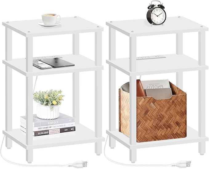 TUTOTAK Set of 2 End Table with Charging Station, Side Table with USB Ports and Outlets, Nightstand, 3-Tier Storage Shelf, Sofa Table for Small Space TB01BW0422