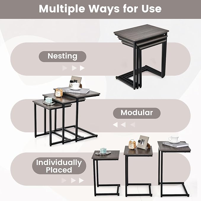 Tangkula Nesting Table Set of 3, Rectangle Stacking Side End Table w/Wood Top & Metal Legs, Adjustable Foot Pads, C-Shaped Accent Coffee Tables for Small Spaces, Living Room (C-Shaped, Gray, 3-pc)
