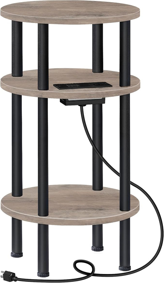 Small Round Side Table with Charging Station, Round End Accent Table, 3-Tier Sofa Side Table for Small Spaces, Nightstand for Living Room, Bedroom, Greige and Black TBZ06UFH