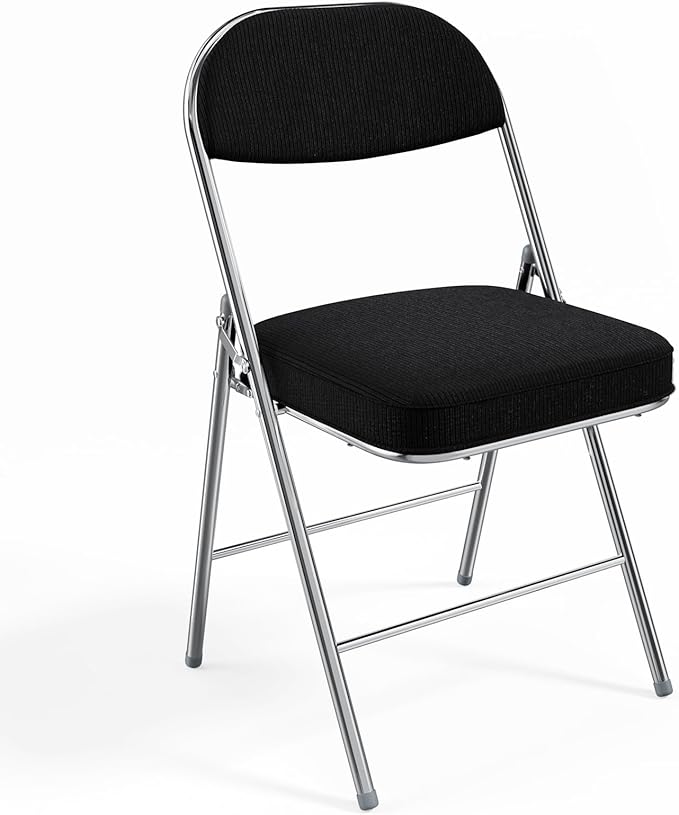 VINGLI Folding Chairs with Padded Seat & Backrest, Metal Frame, Durable Corduroy Fabric, 350 lbs Capacity, Set of 1, Black – Ideal for Weddings, Parties, Office Events