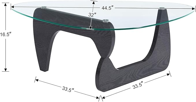 Glass Coffee Table, 44.5" Triangle Center Table with Wood Base Modern Abstract End Table for Living Room Office Patio, Black