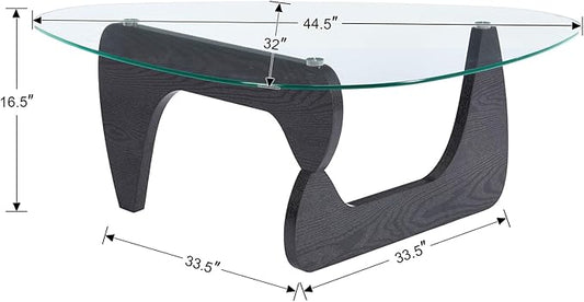 Glass Coffee Table, 44.5" Triangle Center Table with Wood Base Modern Abstract End Table for Living Room Office Patio, Black