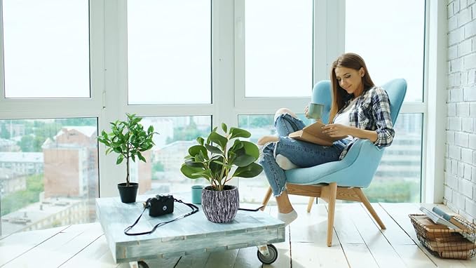 AlphaAcc Artificial Plants Real Looking and Touching Fake Plant Evergreen Plastic Fiddle Leaf Fig Plant with Rustic Black Cement Planter for Housewarming Office Desk Decor